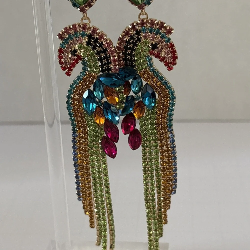 Elegant Multicolor Rhinestone Bird Parrot Dangle Earrings 5 inch Long